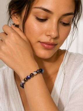 Anti Anxiety glass stone Bracelet Blue Fire Agate & Colorful Obsidian